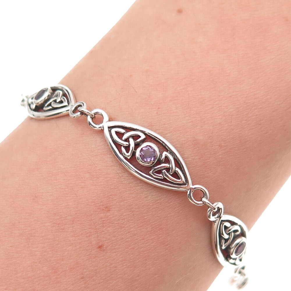 Peter Stone Sterling Silver Vintage Real Amethyst Celtic Trinity Bracelet 6.25"